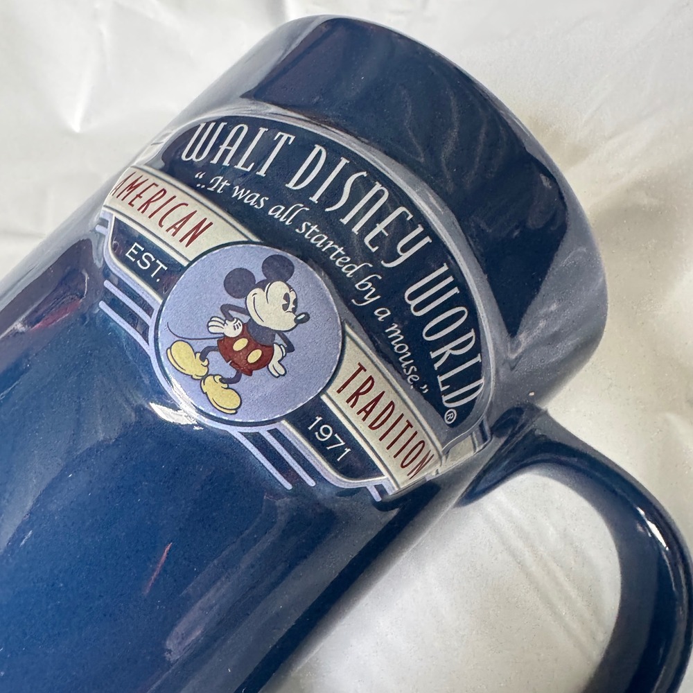Y2K Walt Disney World Mug Navy Blue Mickey Mouse American Tradition Tall